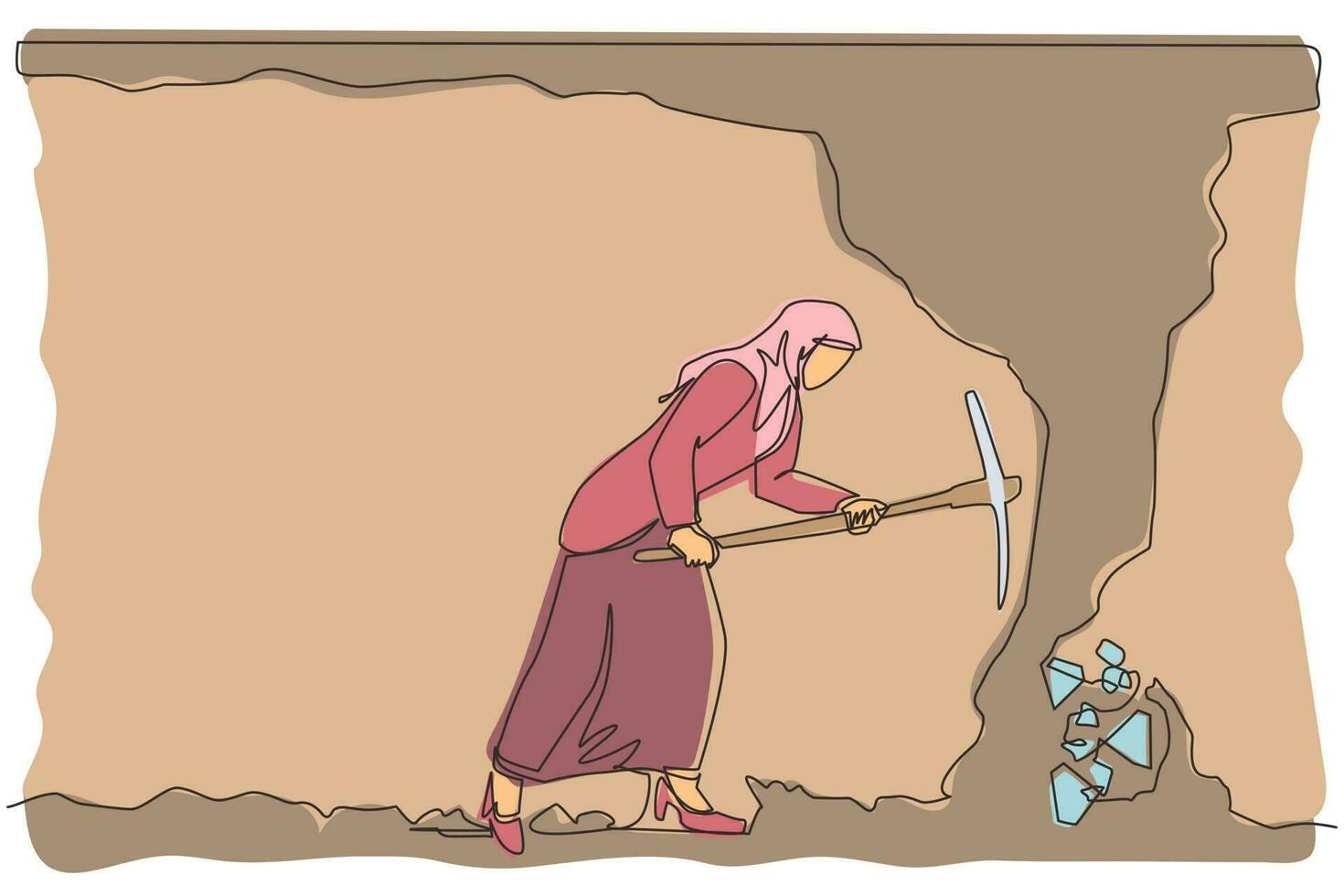 Single continuous line drawing Arab businesswoman digging with pickaxe to get diamond. Worker digging and mining for diamond in an underground tunnel. One line draw graphic design vector illustration