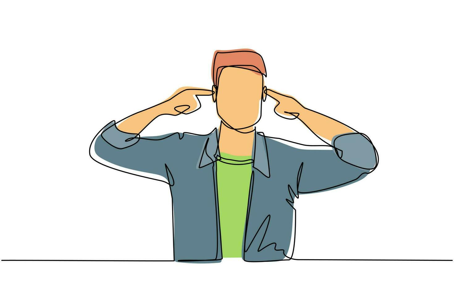 Continuous one line drawing man covering ears with fingers with annoyed expression for the noise of loud sound or music while eyes closed standing in white background. Single line draw design vector