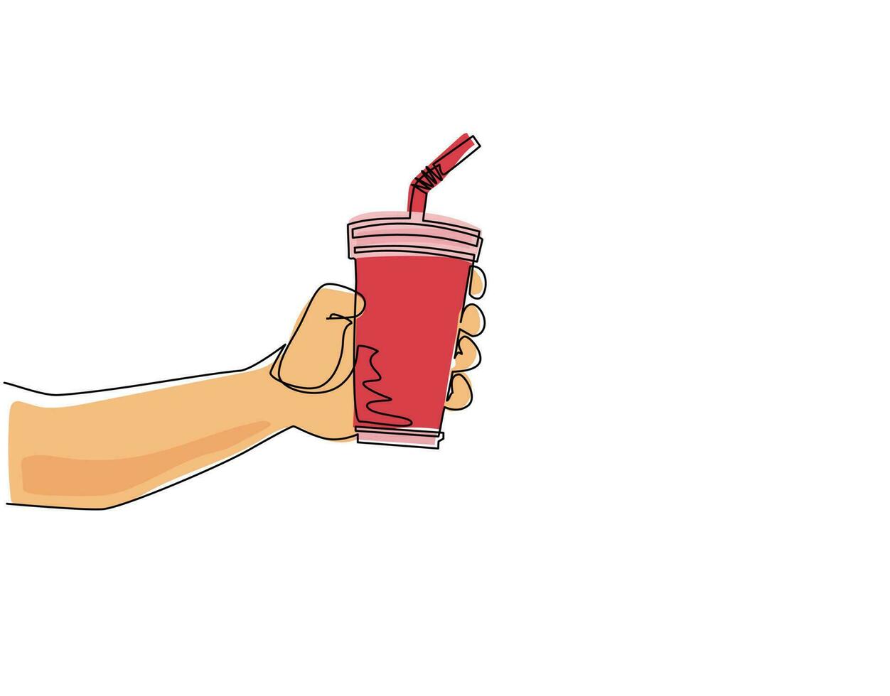 Single one line drawing hand hold paper cup. Male hand holding paper cup with straw on white background. For restaurant or cafe drink menu. Modern continuous line draw design vector illustration
