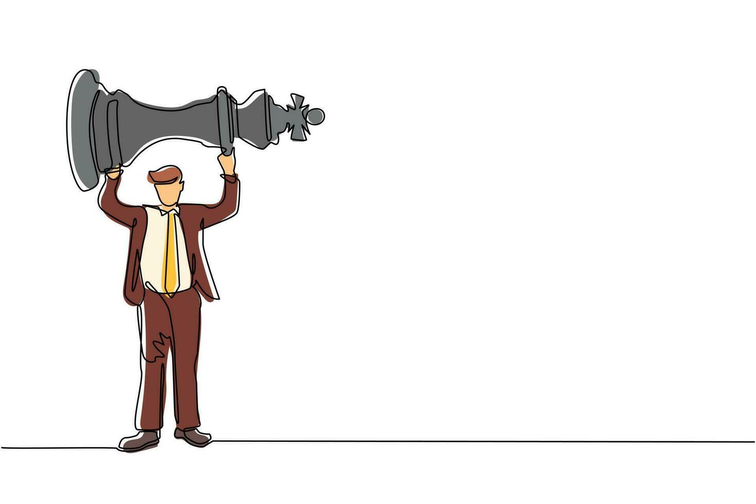 Single continuous line drawing businessman holding, lifting king chess piece. Successful entrepreneurship tactics or strategy, superiority in business. One line draw graphic design vector illustration