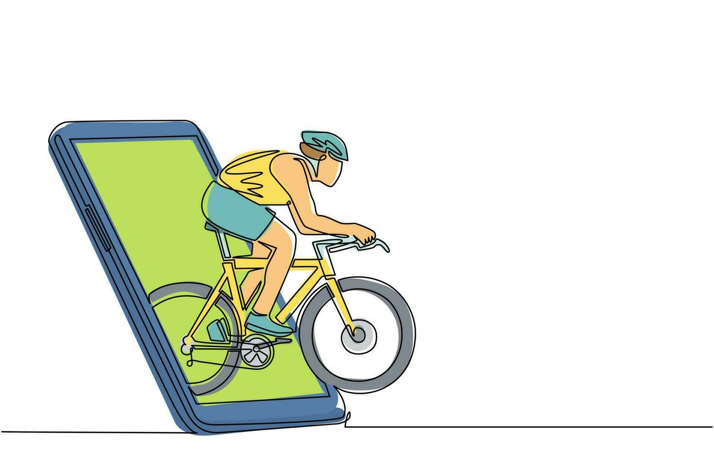 Single continuous line drawing man bicycle racer improve his speed at training session getting out of smartphone screen. Mobile sport play matches. Online bicycle game app. One line draw design vector