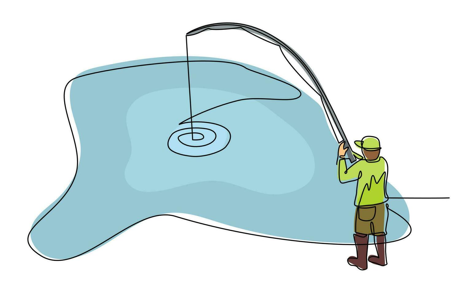 dibujo de una sola línea continua joven pescador pescando. hombre de pie disfrutando del tiempo libre en la naturaleza. banner, sitio, plantilla de póster. pesca, recreación al aire libre para hombres. vector de diseño de dibujo de una línea