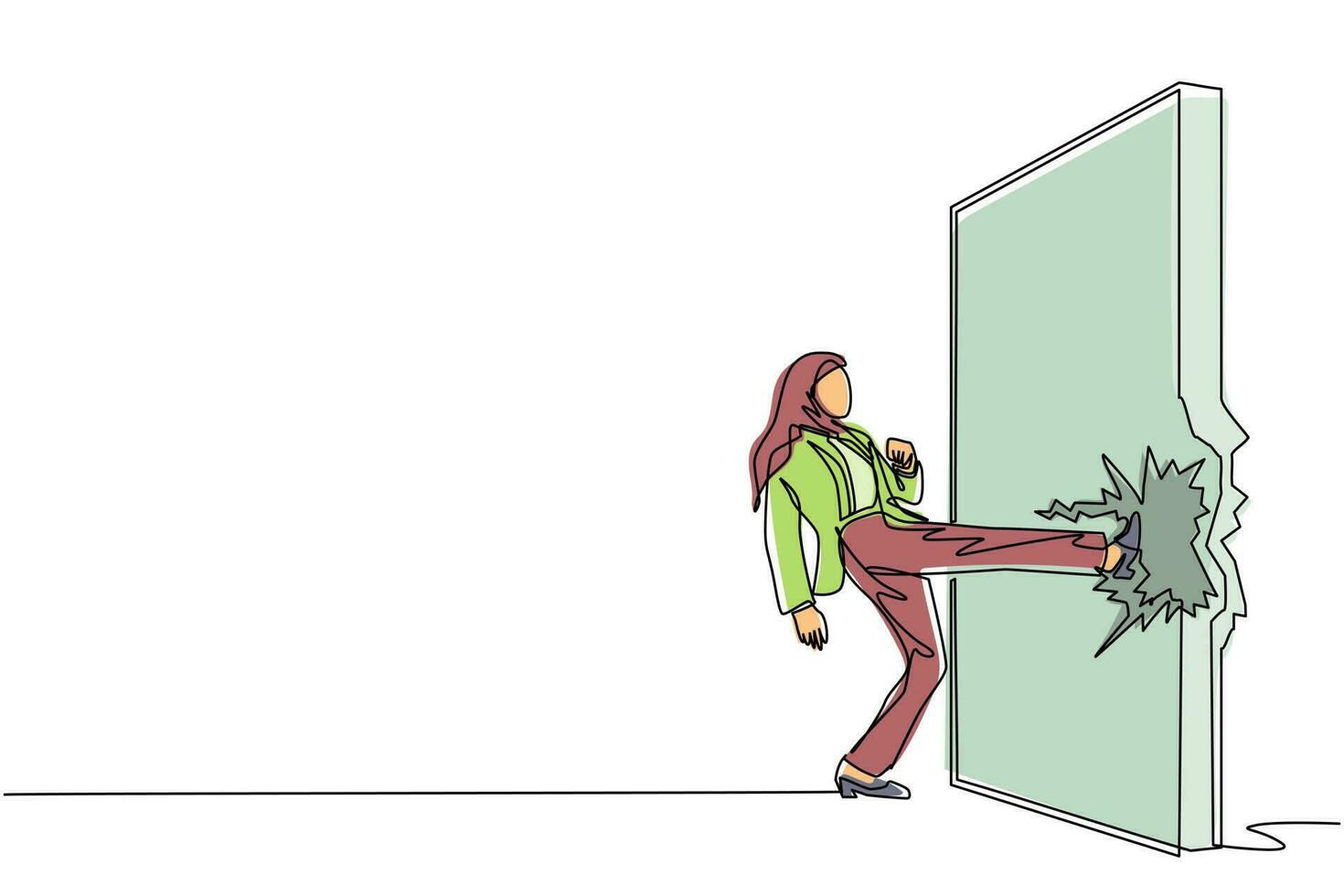 Continuous one line drawing Arab businesswoman doing kung fu or karate kick to destroy brick wall. Business concept of obstacle, solution. Obstruction ruined with force. Single line draw design vector
