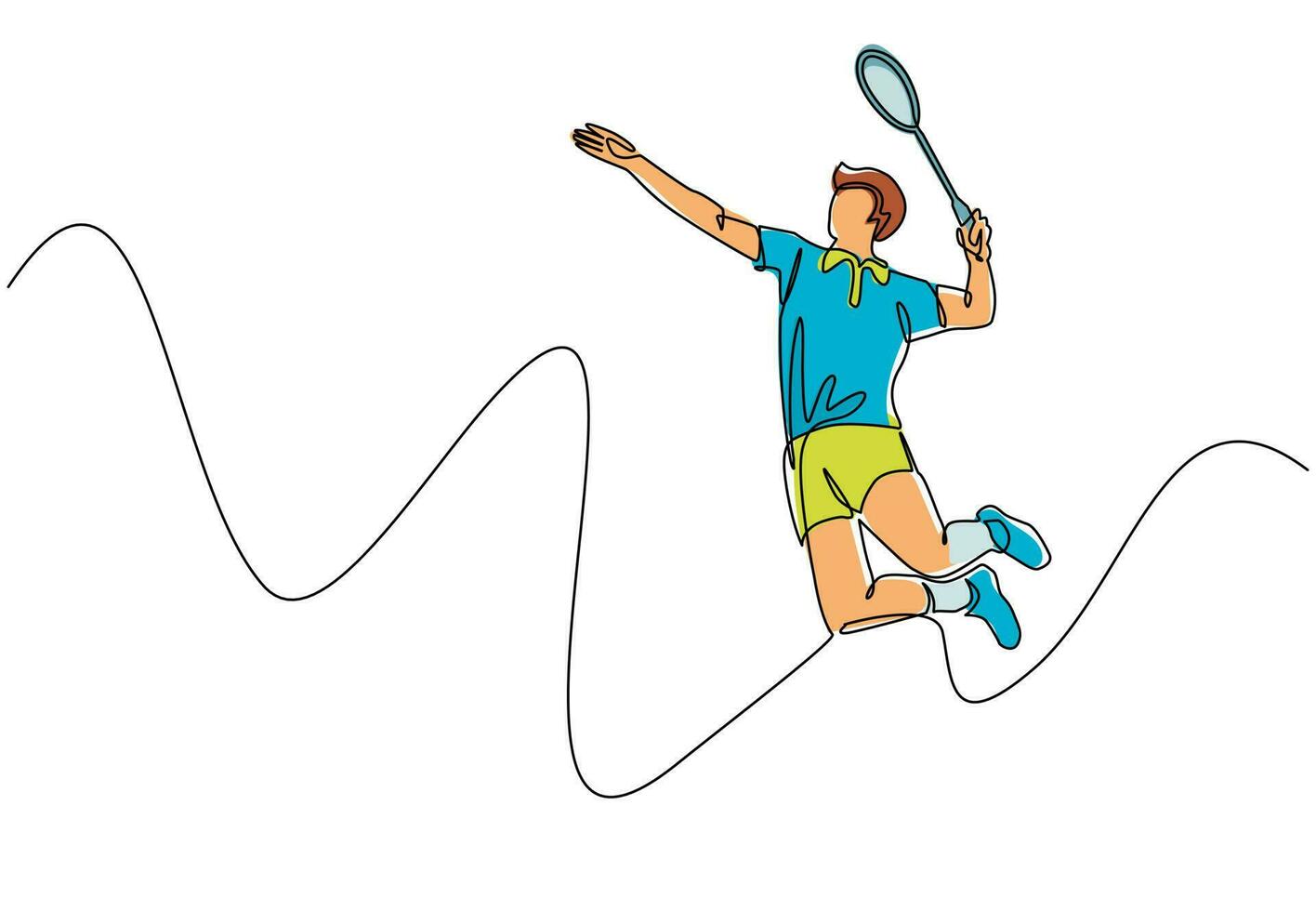 Single continuous line drawing young agile man badminton player jump and smash shuttlecock. Badminton tournament event. Sport exercise healthy concept. One line draw graphic design vector illustration