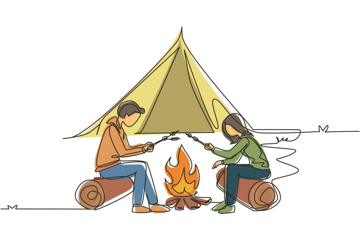 Continuous one line drawing romantic couple summer camp. Man and woman sitting by fireplace on log. Bonfire with marshmallow. Outdoor vacation in forest. Single line draw design vector illustration