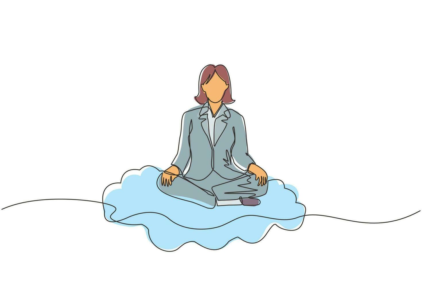 Continuous one line drawing office worker or businesswoman relaxes, meditates in lotus position on clouds. Cheerful woman relaxing with yoga or meditation pose. Single line draw design vector graphic