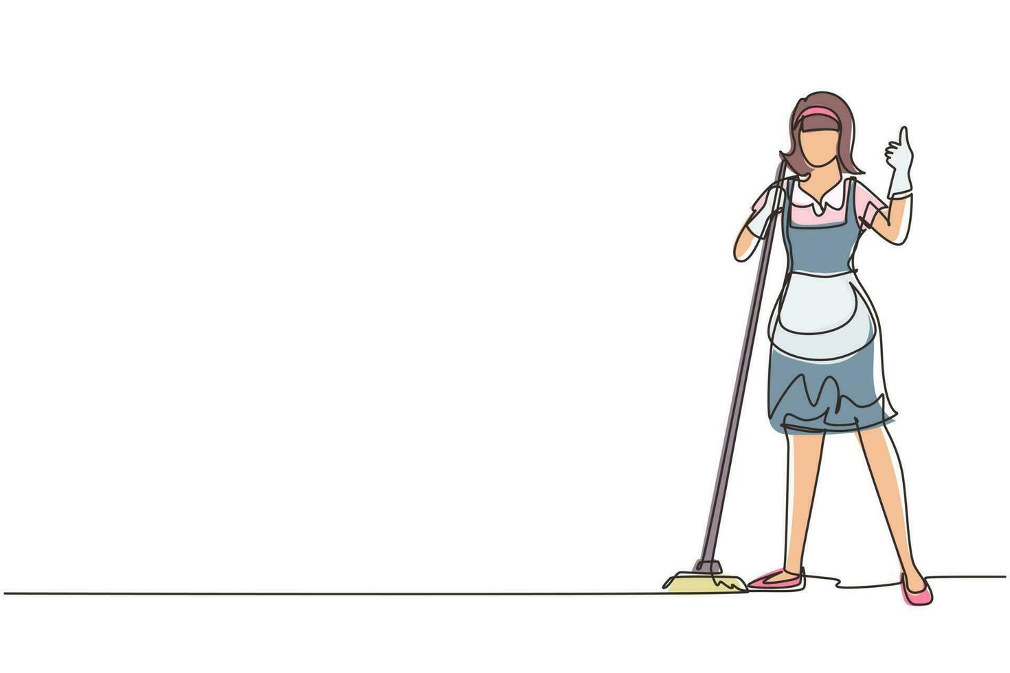 Single one line drawing floor care and cleaning services with washing mop in sterile factory or clean hospital. Cleaning woman service. Professional cleaning staff. Continuous line draw design vector