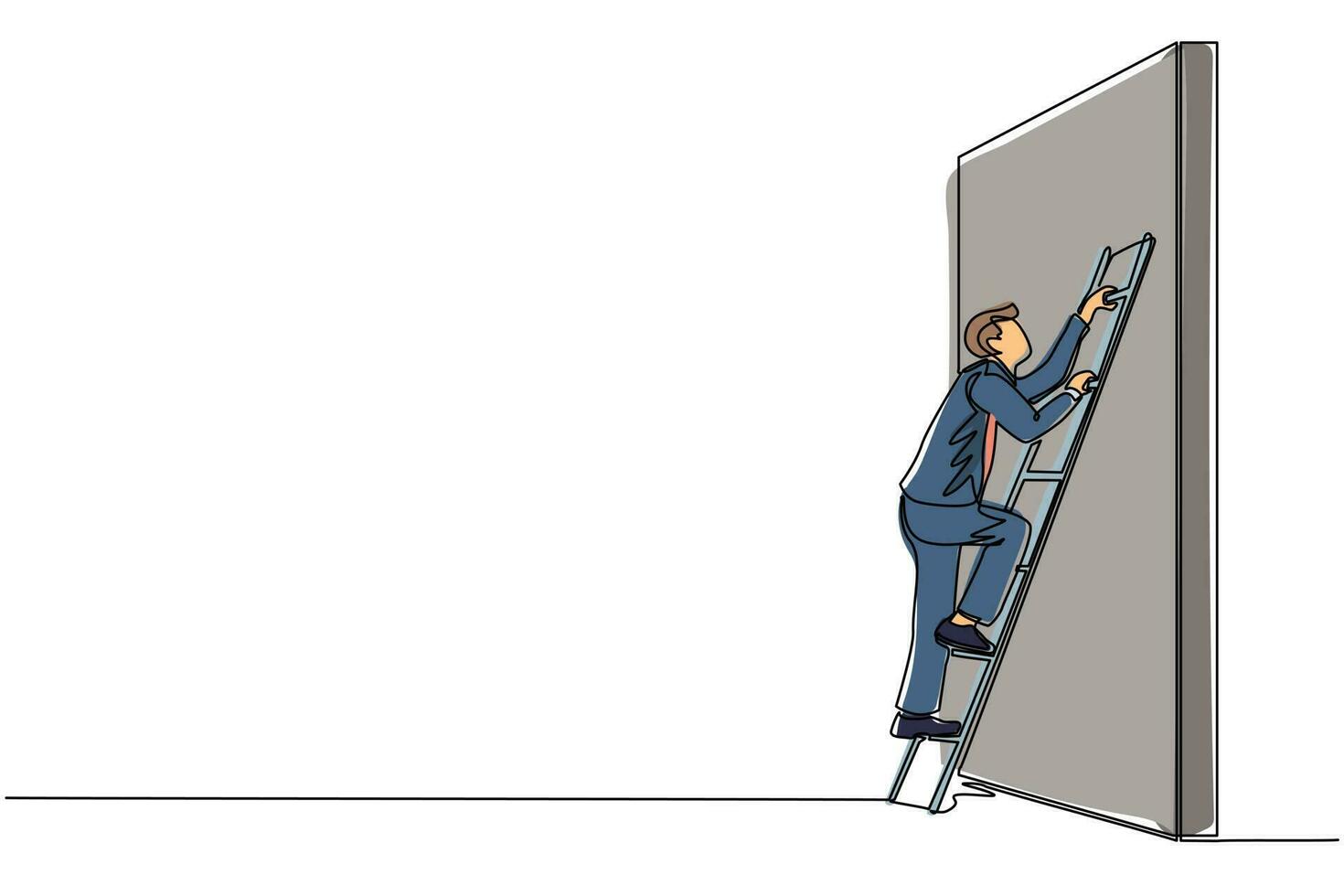 Continuous one line drawing businessman climbing up the wall with ladder. Business obstacle metaphor. Symbol for career growth, finding creative solution. Single line draw design vector illustration