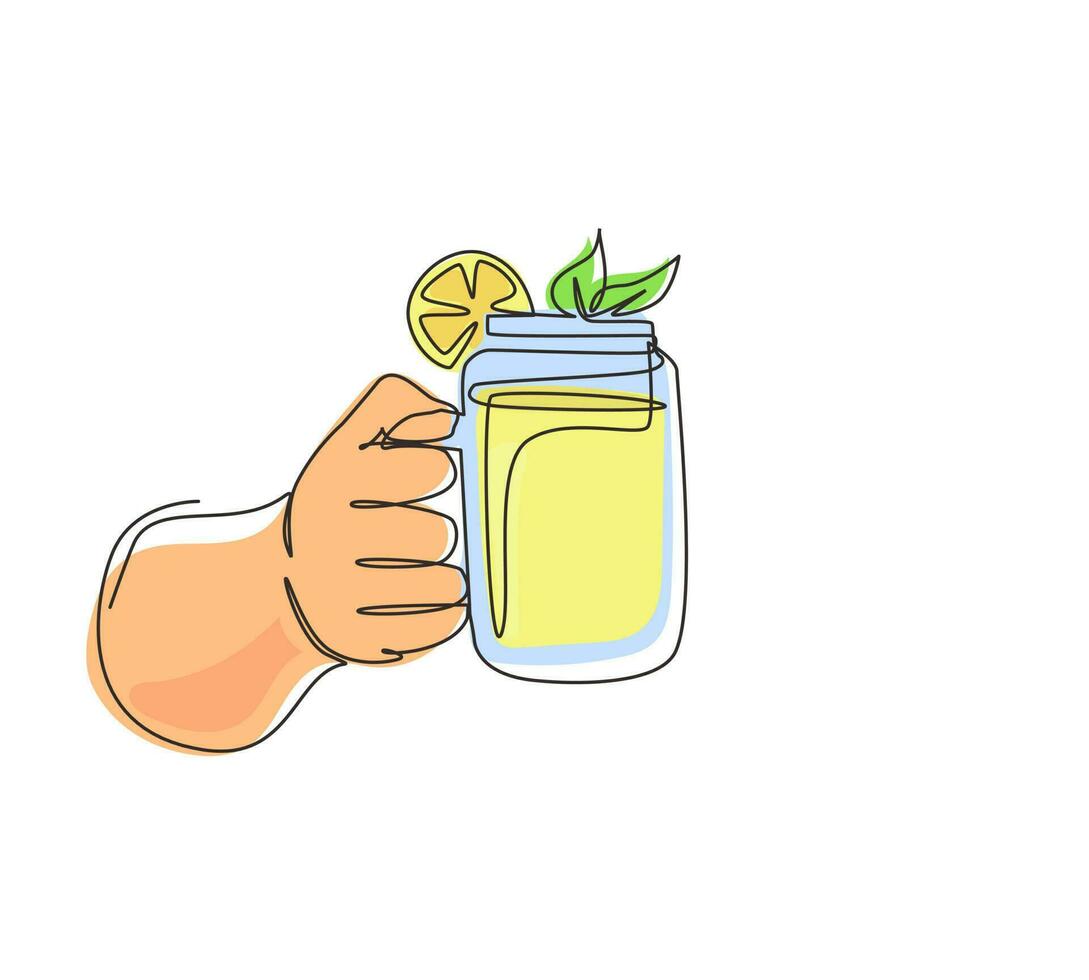 Continuous one line drawing hands hold refreshing detox lemonade drink with sliced lime, lemon, mint. Summer healthy fruit drink. Healthy lemon drink mug. Single line draw design vector illustration