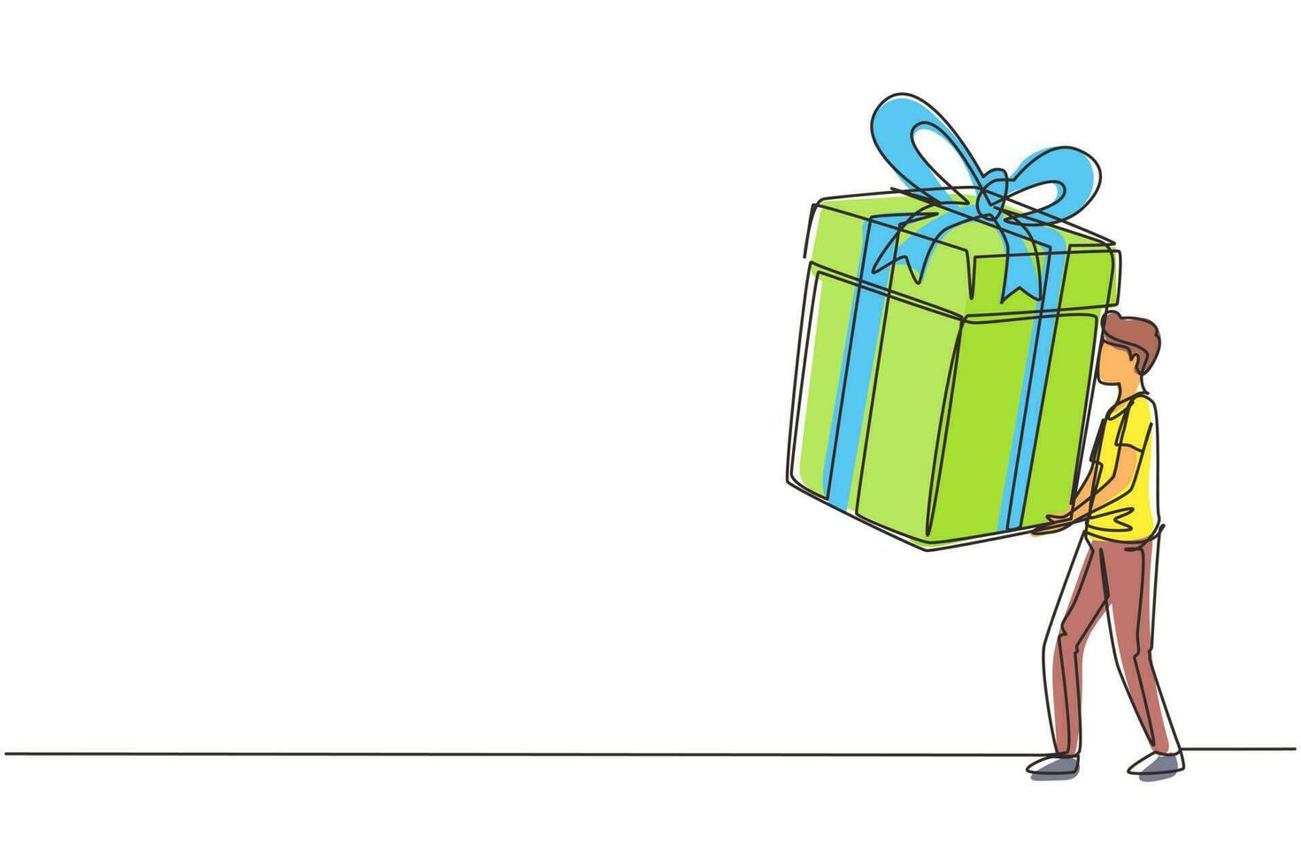 un solo dibujo de una línea hombre feliz que lleva una gran caja de regalo. la idea creativa de ganar una recompensa, regalo o premio. concepto de celebración. ilustración de vector gráfico de diseño de dibujo de línea continua