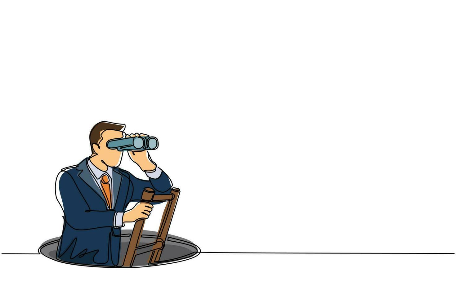 Single one line drawing businessman climbs out of the hole by ladder and using binocular. Business vision and solution concept. Symbol of challenge. Modern continuous line draw design graphic vector