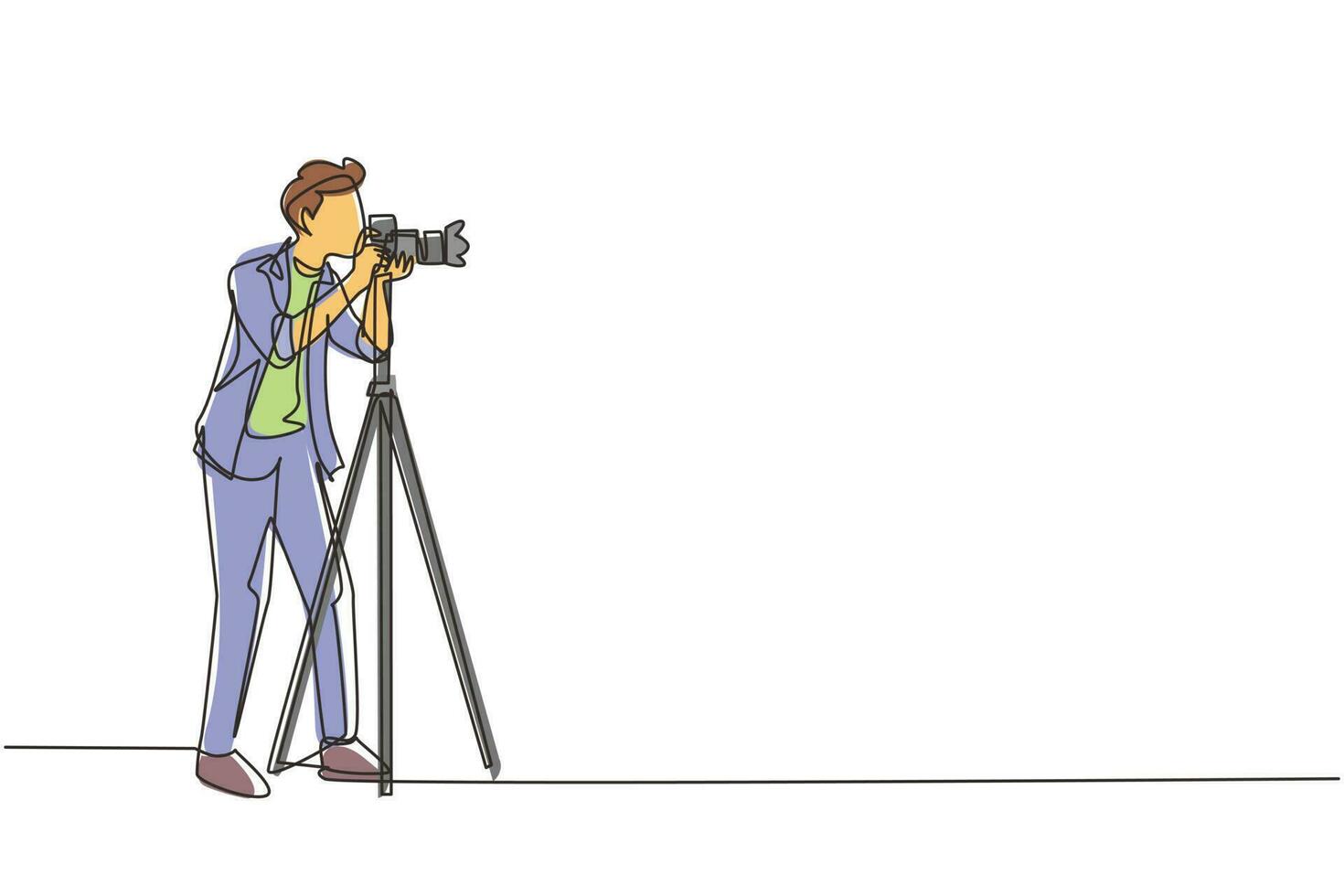 Single continuous line drawing professional photographer with camera pose, male take photo shots, paparazzi, journalist occupation, digital photography hobby. One line draw design vector illustration