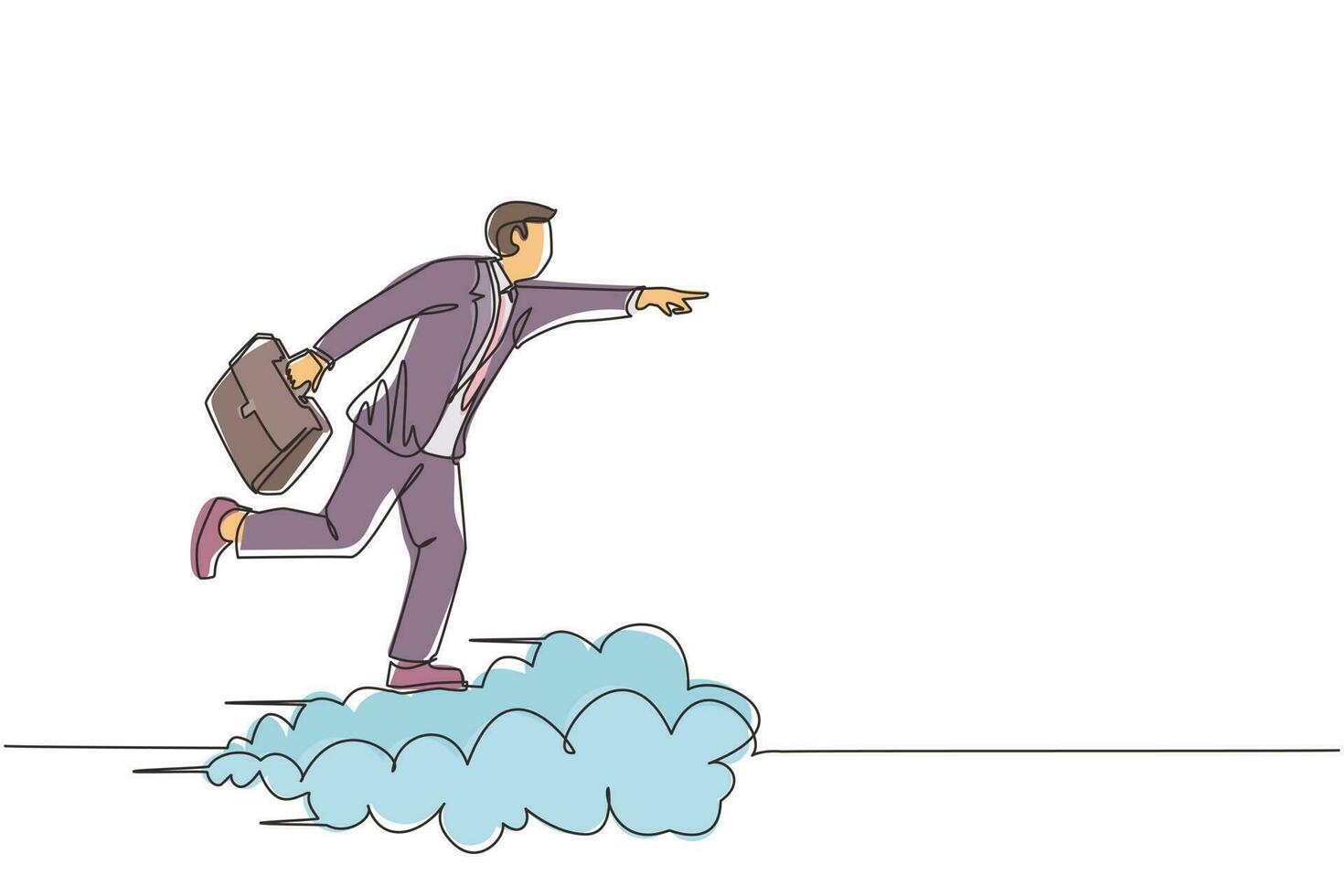 hombre de negocios de dibujo de una sola línea sosteniendo una nube de viaje en maletín, apuntando hacia adelante, ir al futuro, concepto de negocio. hombre en la nube camino al éxito. ilustración de vector gráfico de diseño de dibujo de línea continua