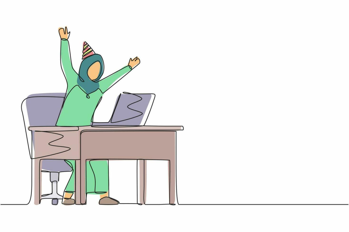 Single one line drawing success in work, winning online, technology concept. Arabic female stands in office with hand raised opposite computer screen celebrating success. Continuous line design vector