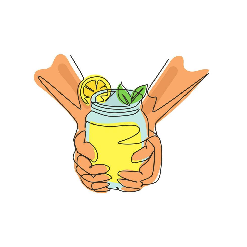 las manos de dibujo de una sola línea continua sostienen una refrescante bebida de limonada de desintoxicación con rodajas de lima, limón y menta. limonada deliciosa de verano en una taza vintage. ilustración de vector de diseño gráfico de dibujo de una línea