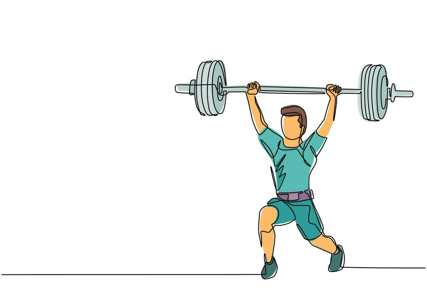 dibujo continuo de una línea joven culturista haciendo ejercicio con una barra pesada en el gimnasio. levantamiento de pesas de tren powerlifter. concepto saludable. ilustración gráfica de vector de diseño de dibujo de una sola línea