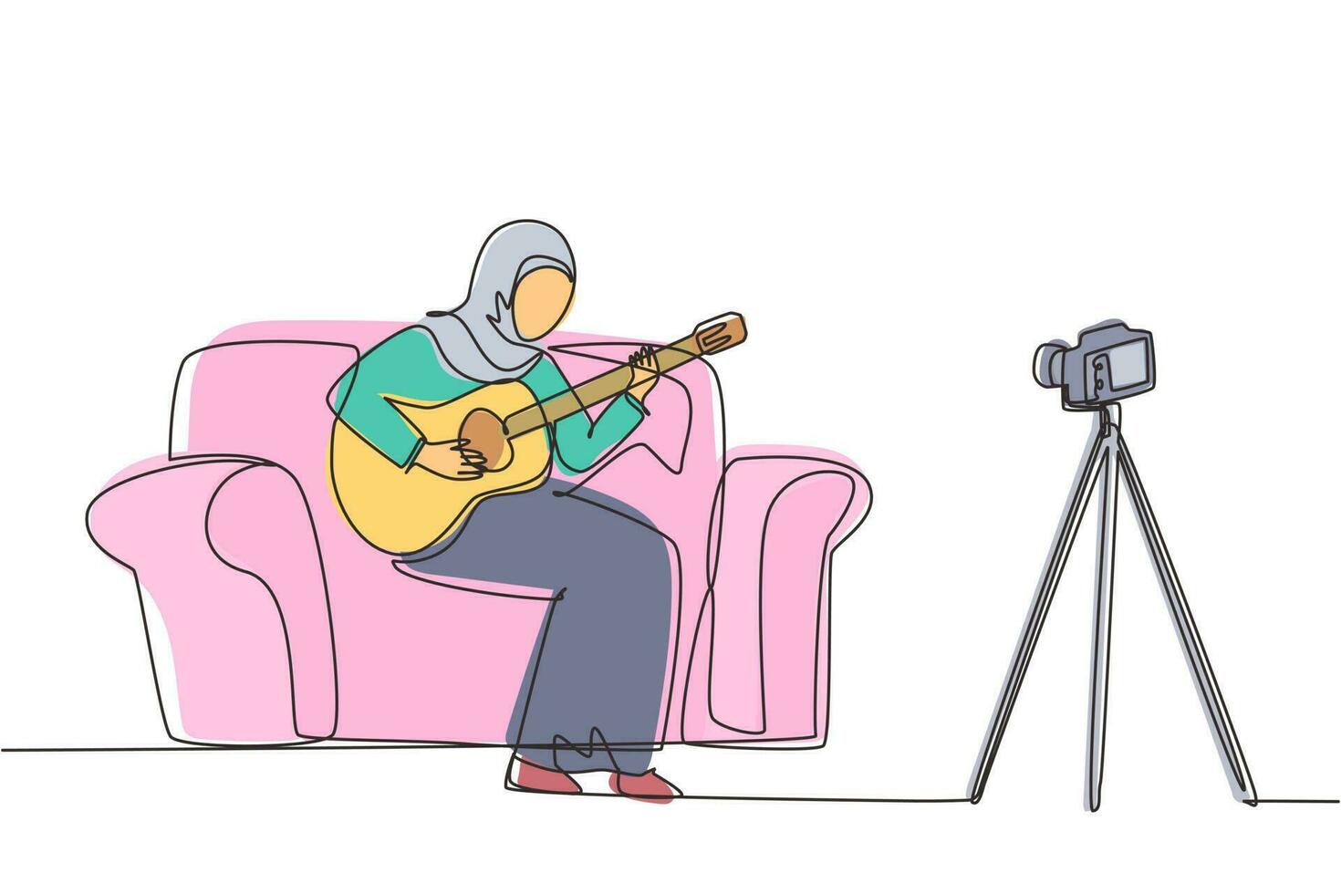 Continuous one line drawing Arab woman blogger recording, live steam playing guitar on social media. Concept of guitarist online lesson while stay at home. Single line draw design vector illustration