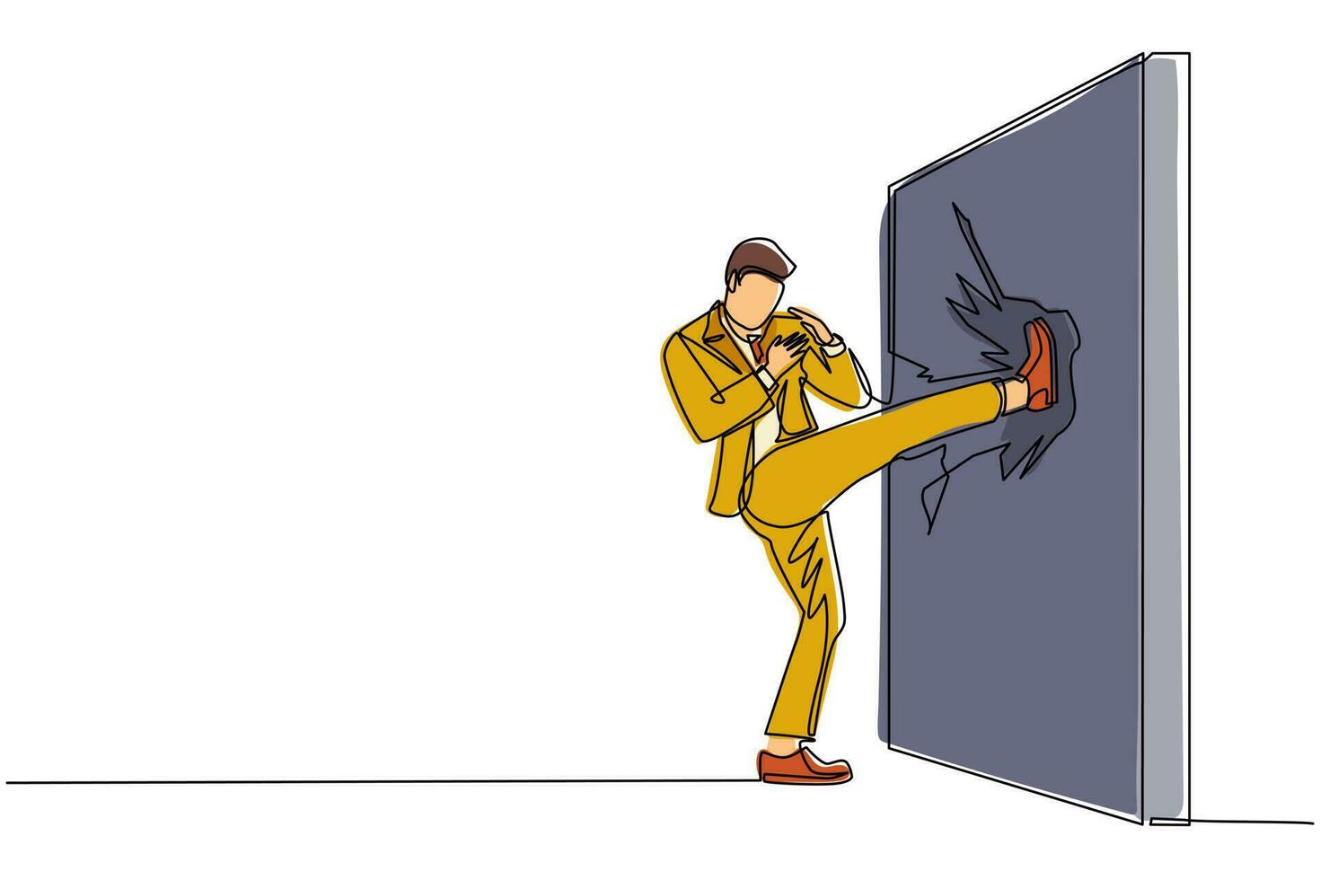 hombre de negocios de dibujo de una sola línea continua haciendo kung fu o patada de karate para destruir la pared de ladrillo. concepto de negocio de obstáculo y solución. obstrucción arruinada con fuerza. vector de diseño de dibujo de una línea