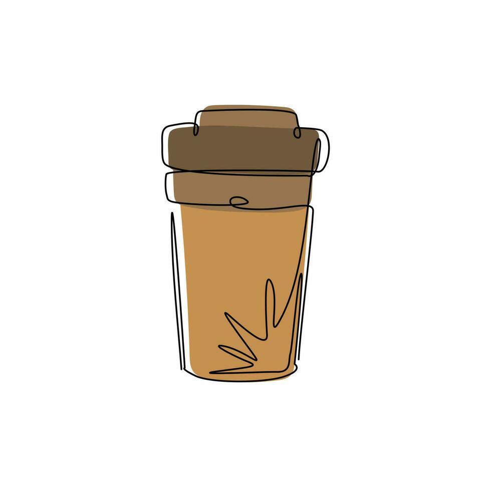 plantilla de taza de papel de café de dibujo de línea continua única con soporte de cartón y tapa de plástico. paquete de café desechable para llevar. Paquete de manualidades para llevar. ilustración de vector de diseño gráfico de dibujo de una línea