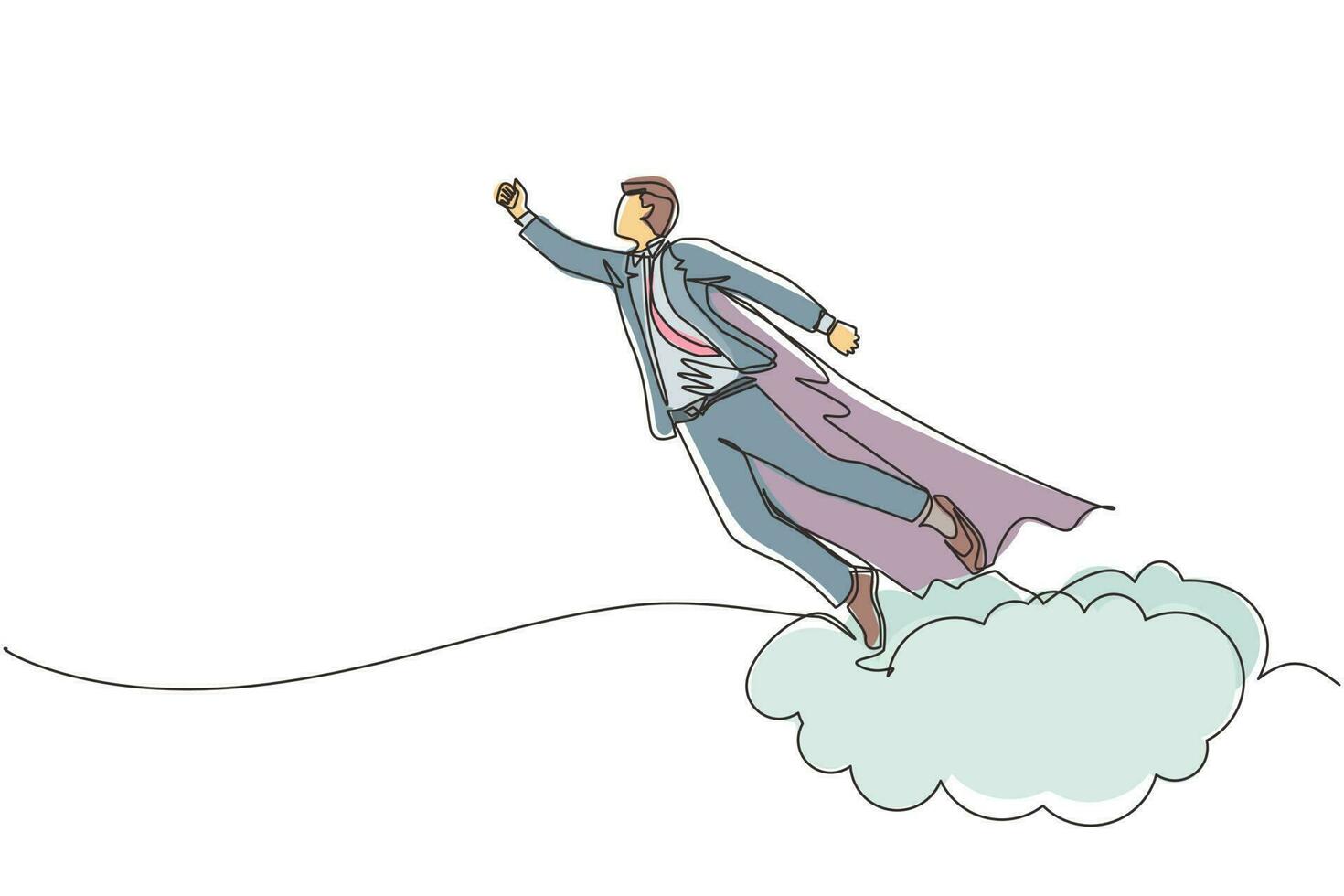 Single continuous line drawing businessman superhero flies up and leaves cloud of dust. Super worker in robe cloak takes off. Power and uniqueness business concept. One line draw graphic design vector