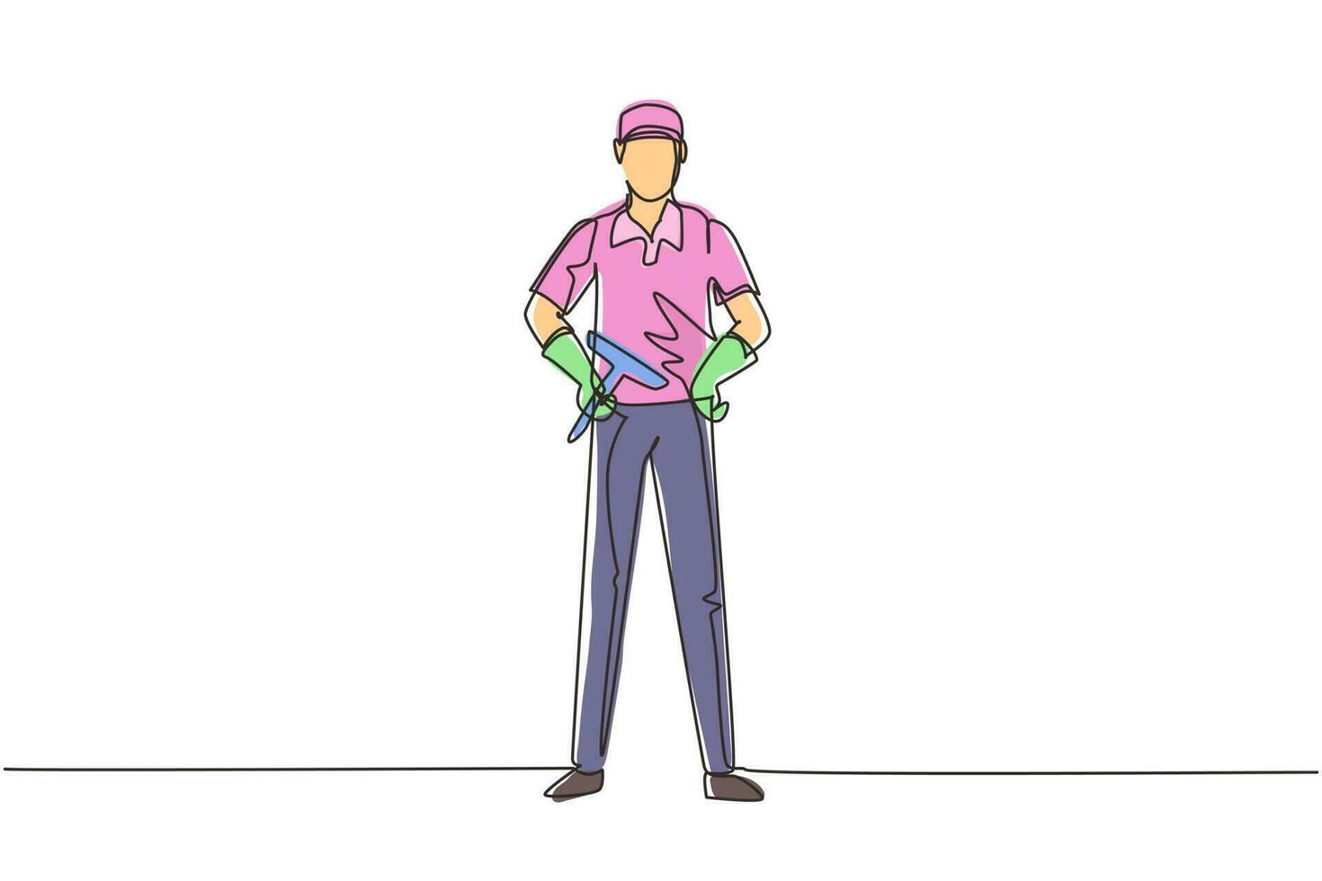 Single one line drawing cleaning service with cool pose. Cleaning worker posing and enjoying working. Smiling male cleaning company staff member. Continuous line draw design vector illustration