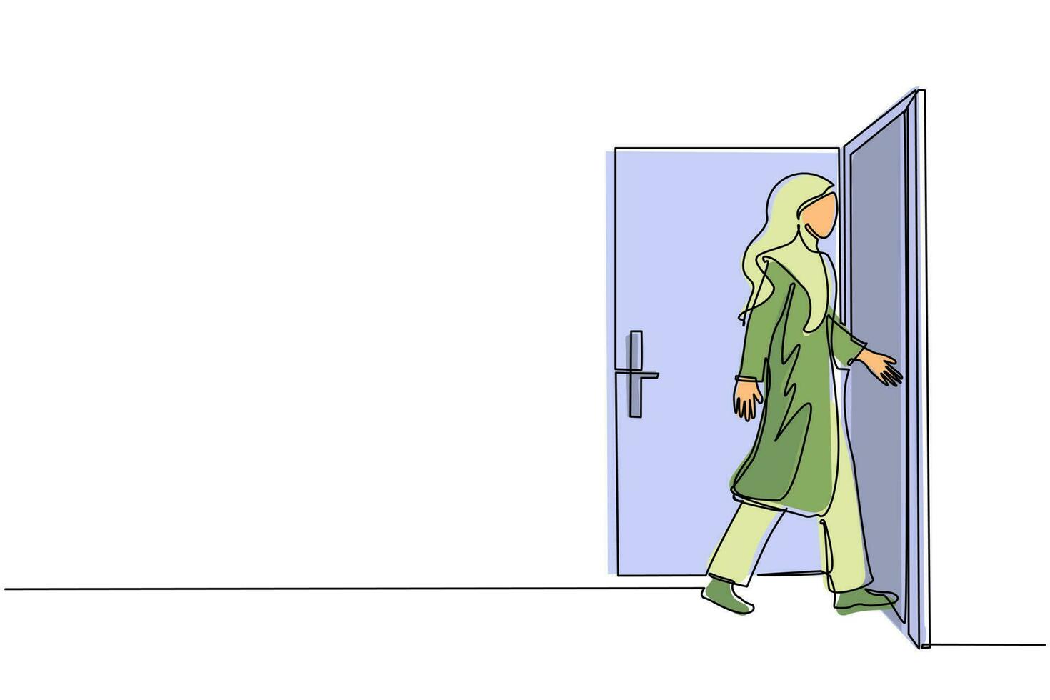 una mujer de negocios árabe de dibujo continuo entra en la habitación por la puerta. mujer caminando hacia la puerta abierta. comenzando un nuevo día en la oficina. concepto de negocio. ilustración de vector de diseño de dibujo de una sola línea