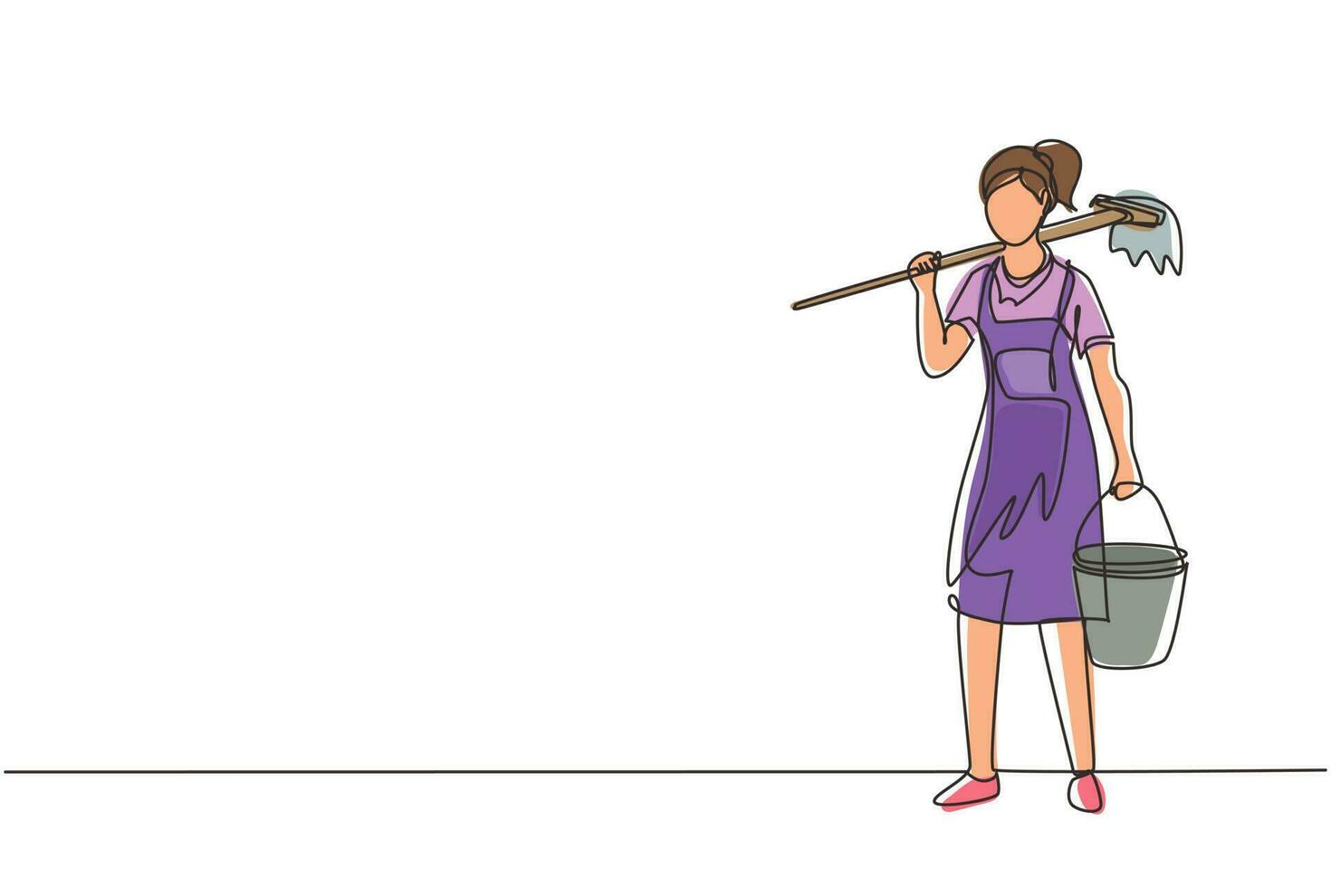 Continuous one line drawing woman mopping floor, female cleaner janitor in uniform and bucket, cleaning service. Housework service or housekeeping workers, janitor. Single line draw design vector