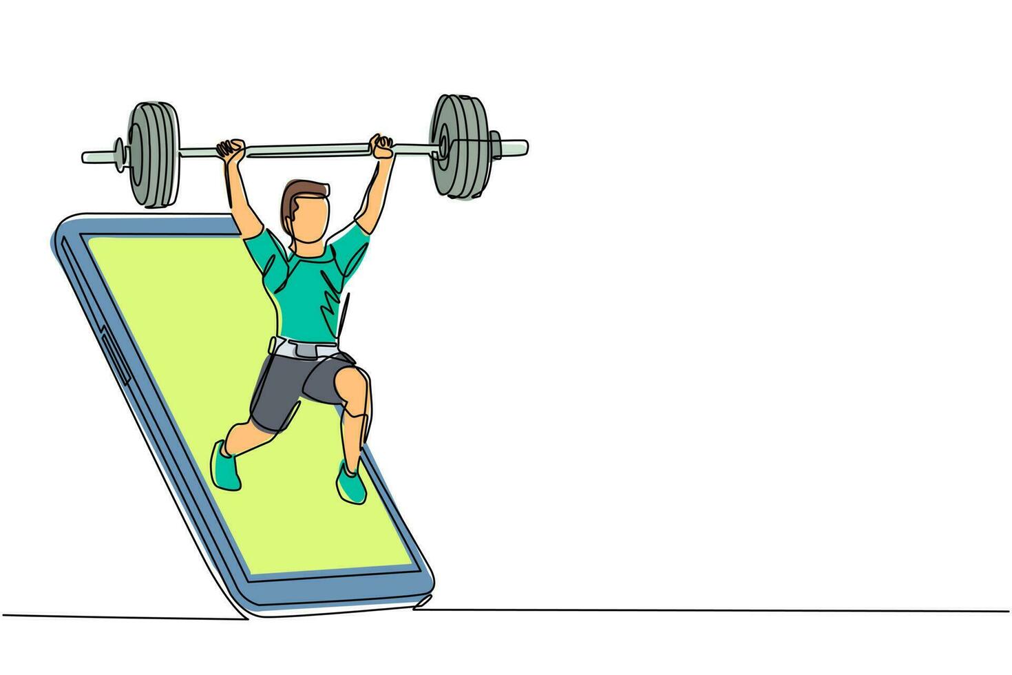 Single one line drawing bodybuilder man doing exercise with heavy weight bar getting out of smartphone screen. Online weight lifting mobile app. Continuous line draw design graphic vector illustration