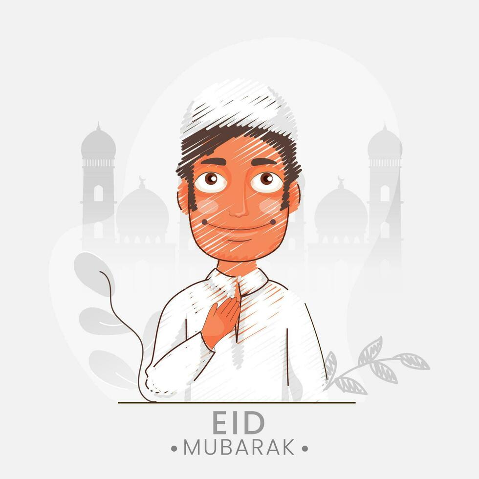 Illustration of a Muslim man welcoming with traditional gesture on mosque silhouette white background for Islamic festival Eid Mubarak concept. vector