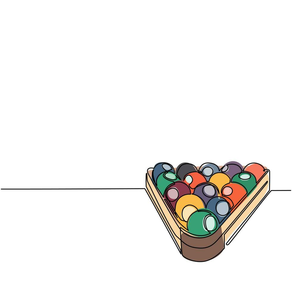 Single continuous line drawing pool or American billiards balls in triangle. Snooker balls with numbers in wooden rack for pool room sport game or championship tournament. One line draw design vector