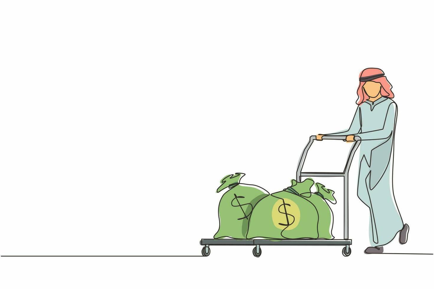 Continuous one line drawing Arabian businessman push cart with money bags. Reward or profit concept. Man employee with salary. Investor carries money to startup. Single line draw design vector graphic