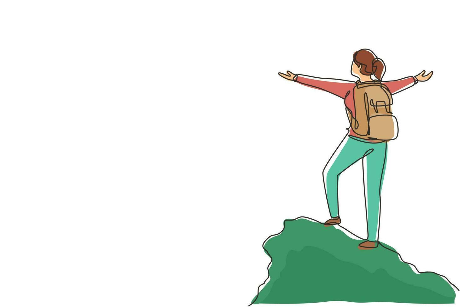 Single continuous line drawing climber woman stands with arms outstretched on top of mountain. Winner motivational concept. Tourist with backpack. Traveler in summer rocks. One line draw design vector