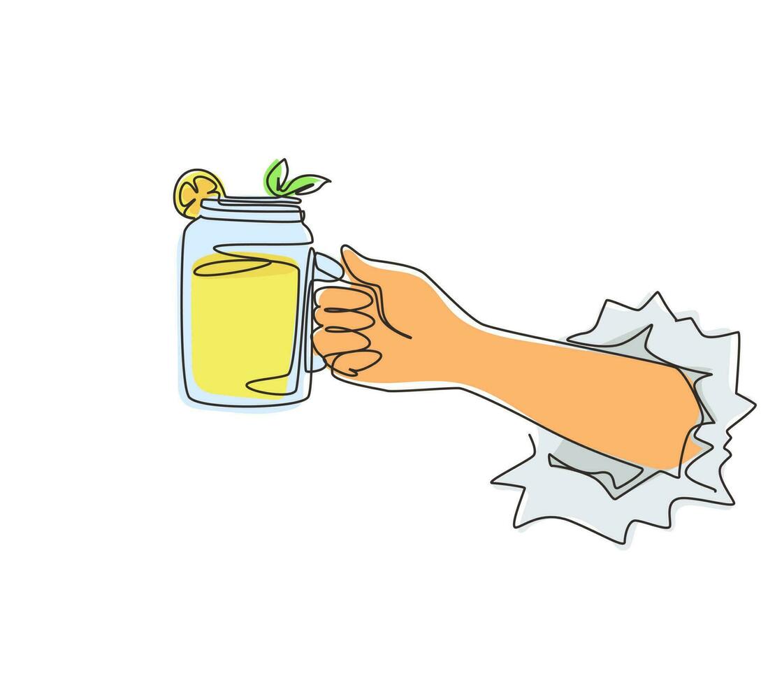 Single continuous line drawing hand holding lemonade mug with ice and fresh mint through torn white paper. Healthy fruit drink. Healthy lemon drink with mint. One line draw vector design illustration