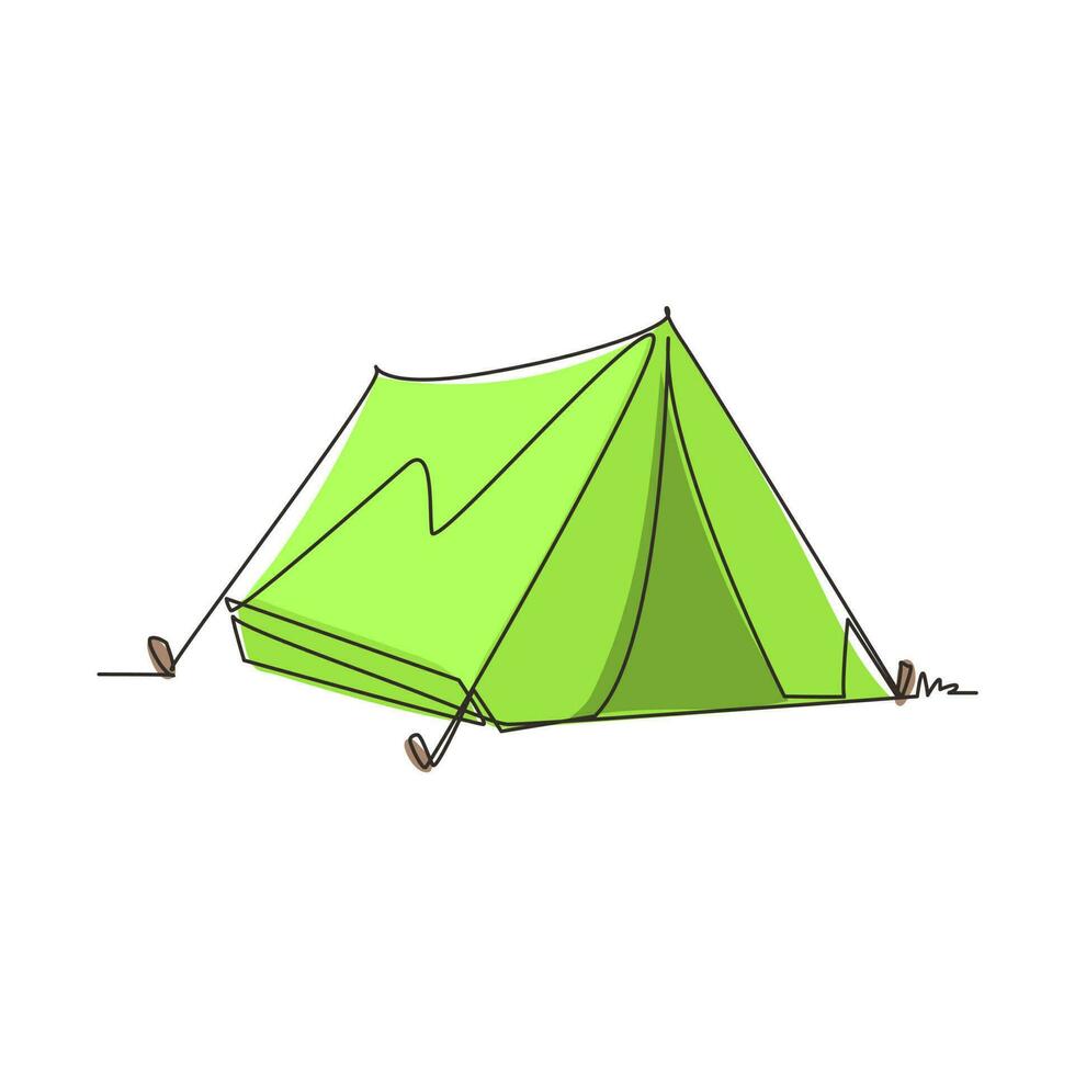 Single continuous line drawing tent camping in outdoor travel. Nature tourism, journey, adventure. Tent element concept. Camping travel tent equipment. One line draw graphic design vector illustration