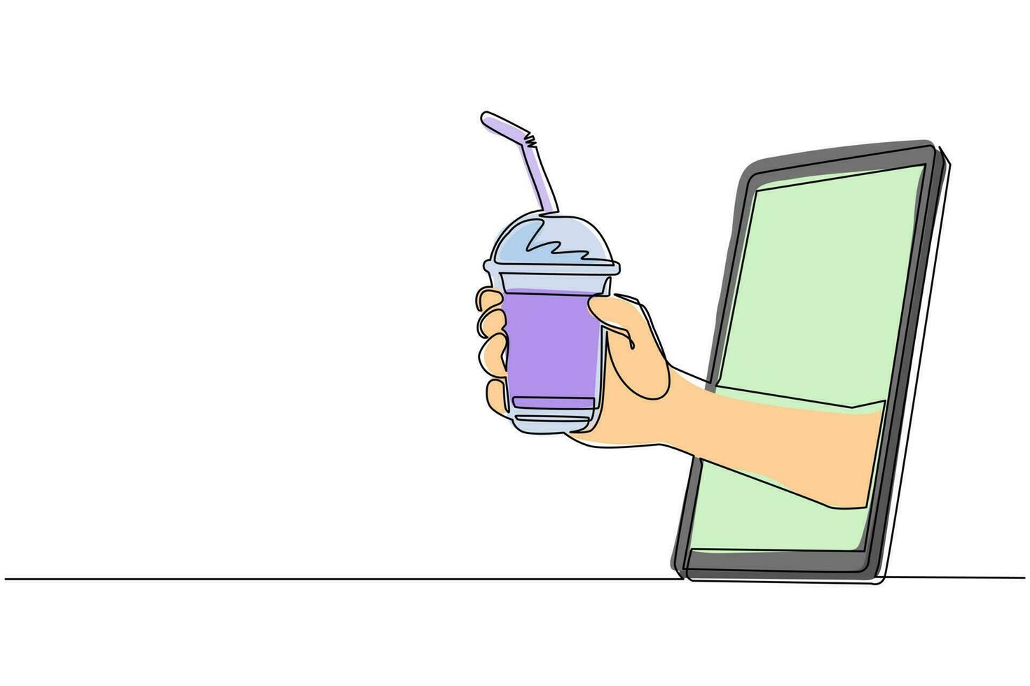 Single one line drawing hand holding bubble tea cup with straw through mobile phone. Concept of cafe drink order delivery online food. Application for smartphones. Continuous line draw design vector