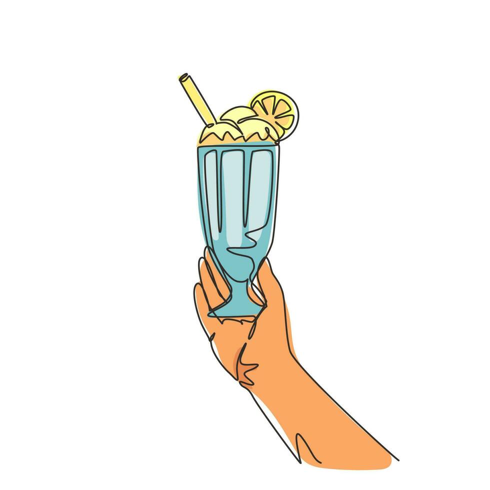 Single one line drawing hand holds a big glass with a milkshake with a whipped cream, with a straw and slice of orange. Sweet beverage. Modern continuous line draw design graphic vector illustration
