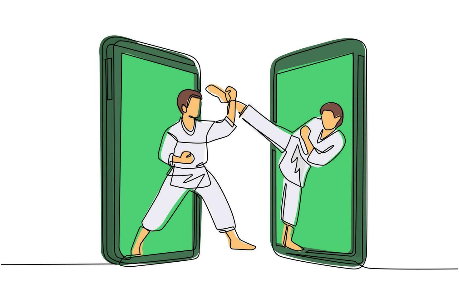 el dibujo continuo de una línea dos luchadores de karate sale del teléfono celular listo para pelear. luchadores profesionales de karate de pie luchando practicando karate juntos. vector de diseño de dibujo de una sola línea