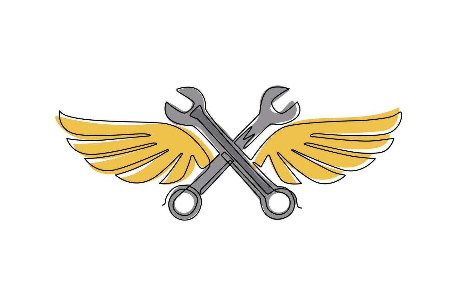 Single continuous line drawing two crossed wrench with wings. Auto mechanic car repair shop icon with wings. Fast car service, vehicle maintenance. One line draw graphic design vector illustration