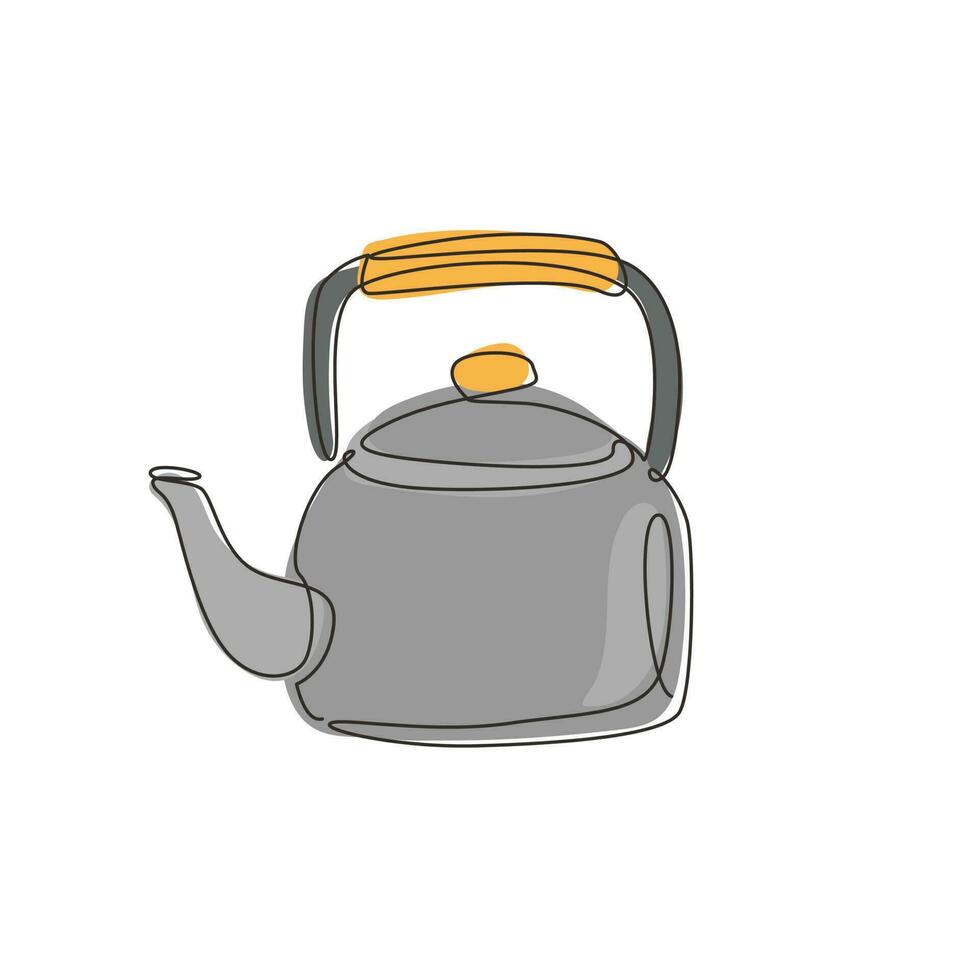Single continuous line drawing Camping outdoor kettle with handle. Camping cooking equipment. Gas stove kettle. Camping kettle. Metal kitchen utensil for tea. one line draw design vector illustration