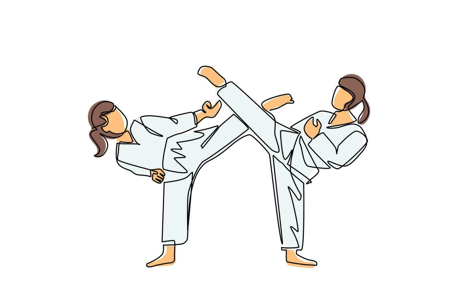 Single continuous line drawing two female karate fighters ready to fight. Professional karate sport fighters standing fighting practicing karate together. One line draw design vector illustration