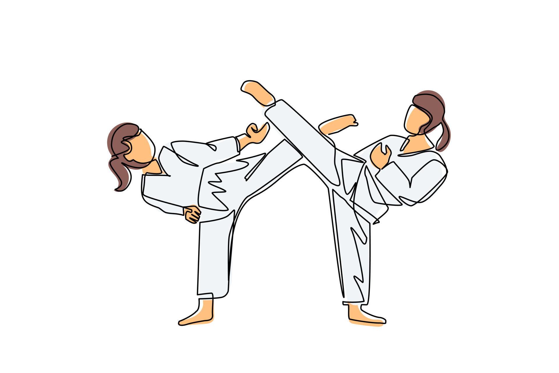 Single continuous line drawing two female karate fighters ready to ...