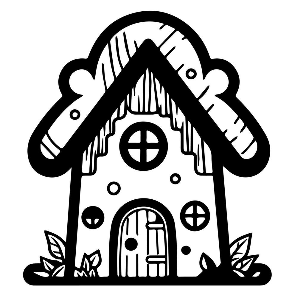 Mushroom hut, cute cartoon, vector icon, coloring page.