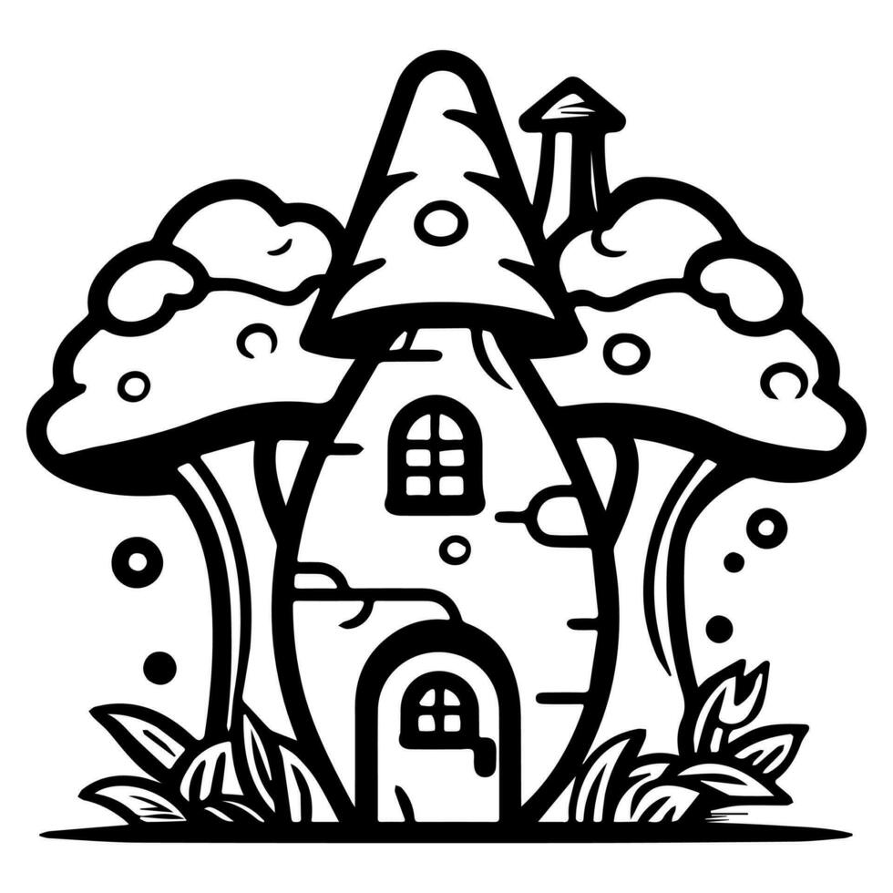 Mushroom hut, cute cartoon, vector icon, coloring page.