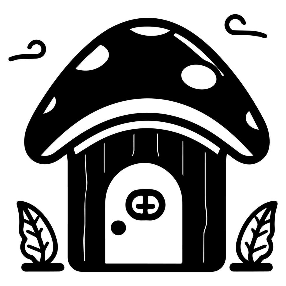 Mushroom hut, cute cartoon, vector icon, coloring page.