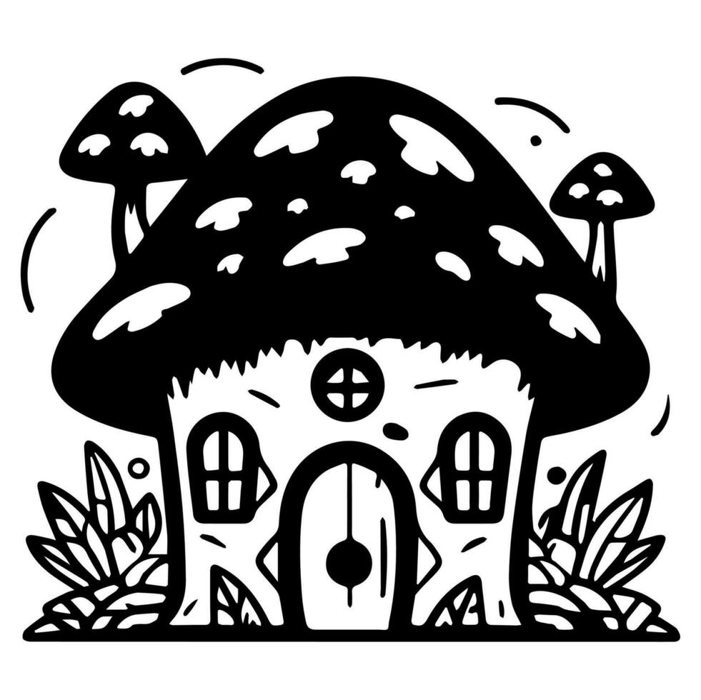 Mushroom hut, cute cartoon, vector icon, coloring page.