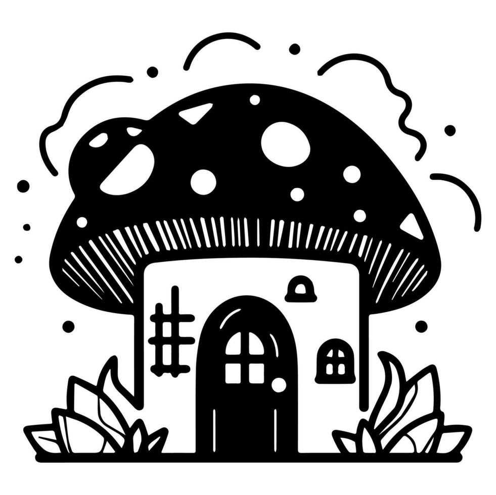 Mushroom hut, cute cartoon, vector icon, coloring page.