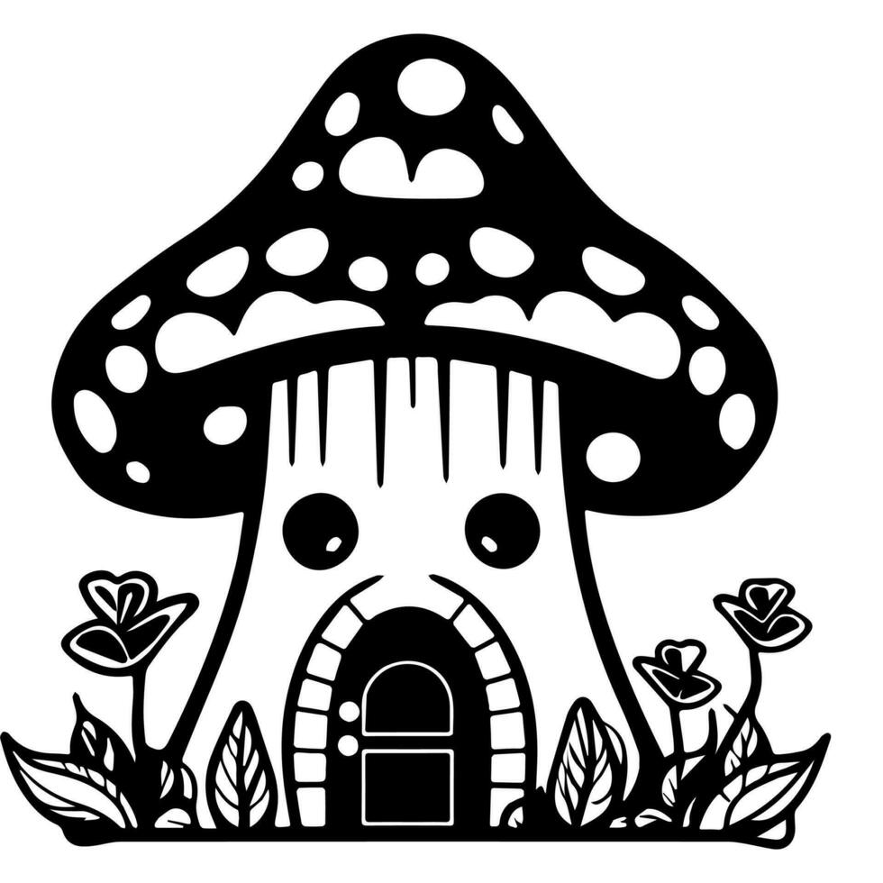 Mushroom hut, cute cartoon, vector icon, coloring page.