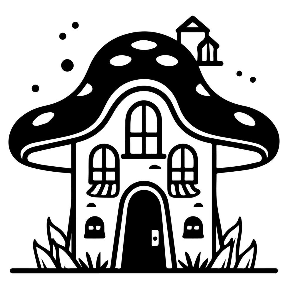 Mushroom hut, cute cartoon, vector icon, coloring page.