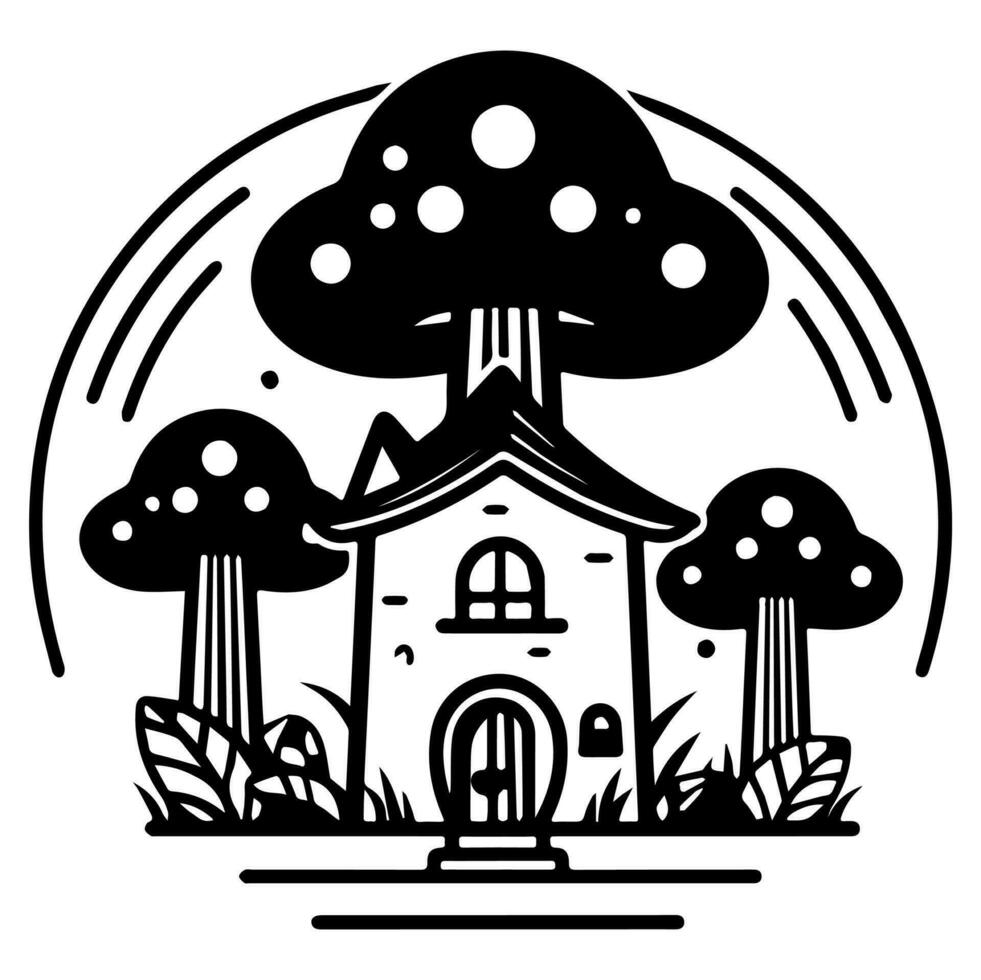 Mushroom hut, cute cartoon, vector icon, coloring page.