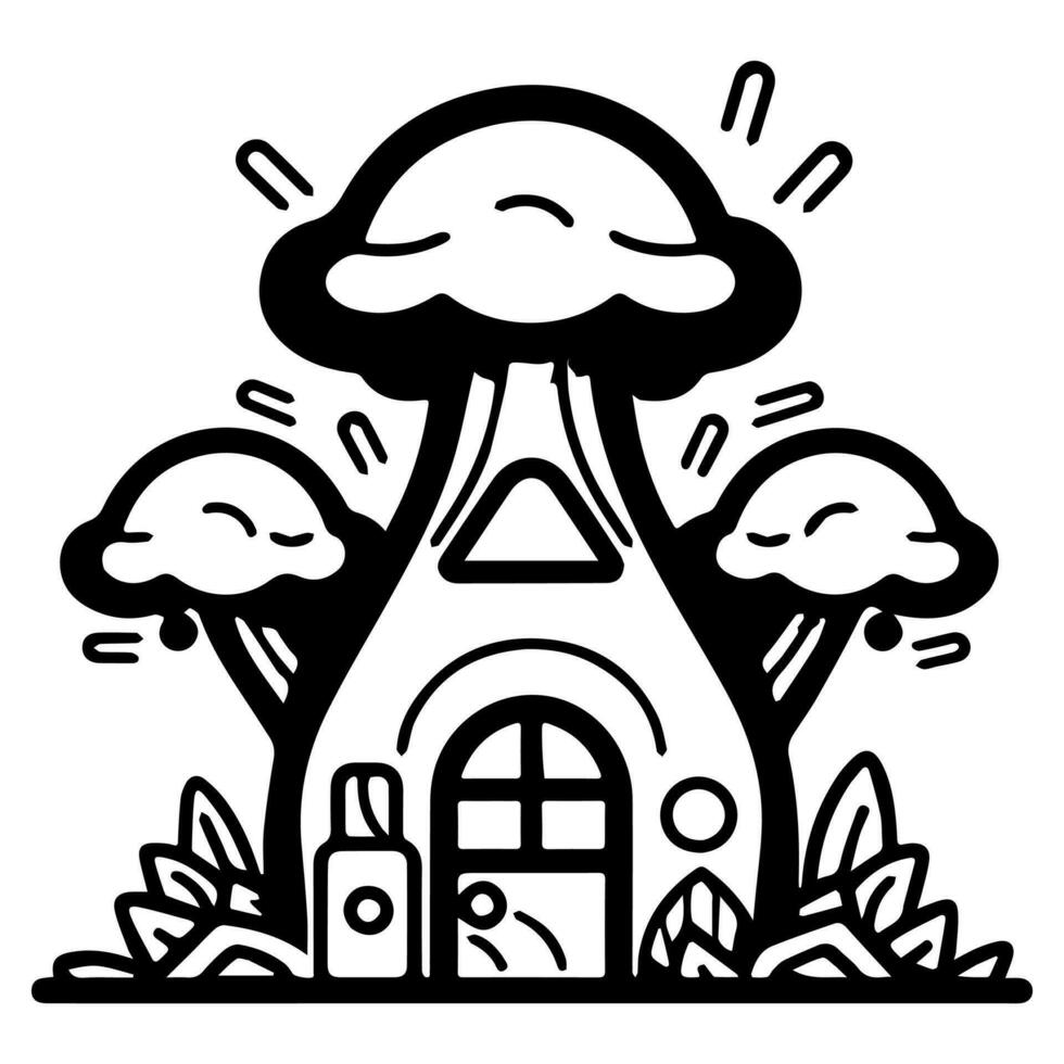 Mushroom hut, cute cartoon, vector icon, coloring page.